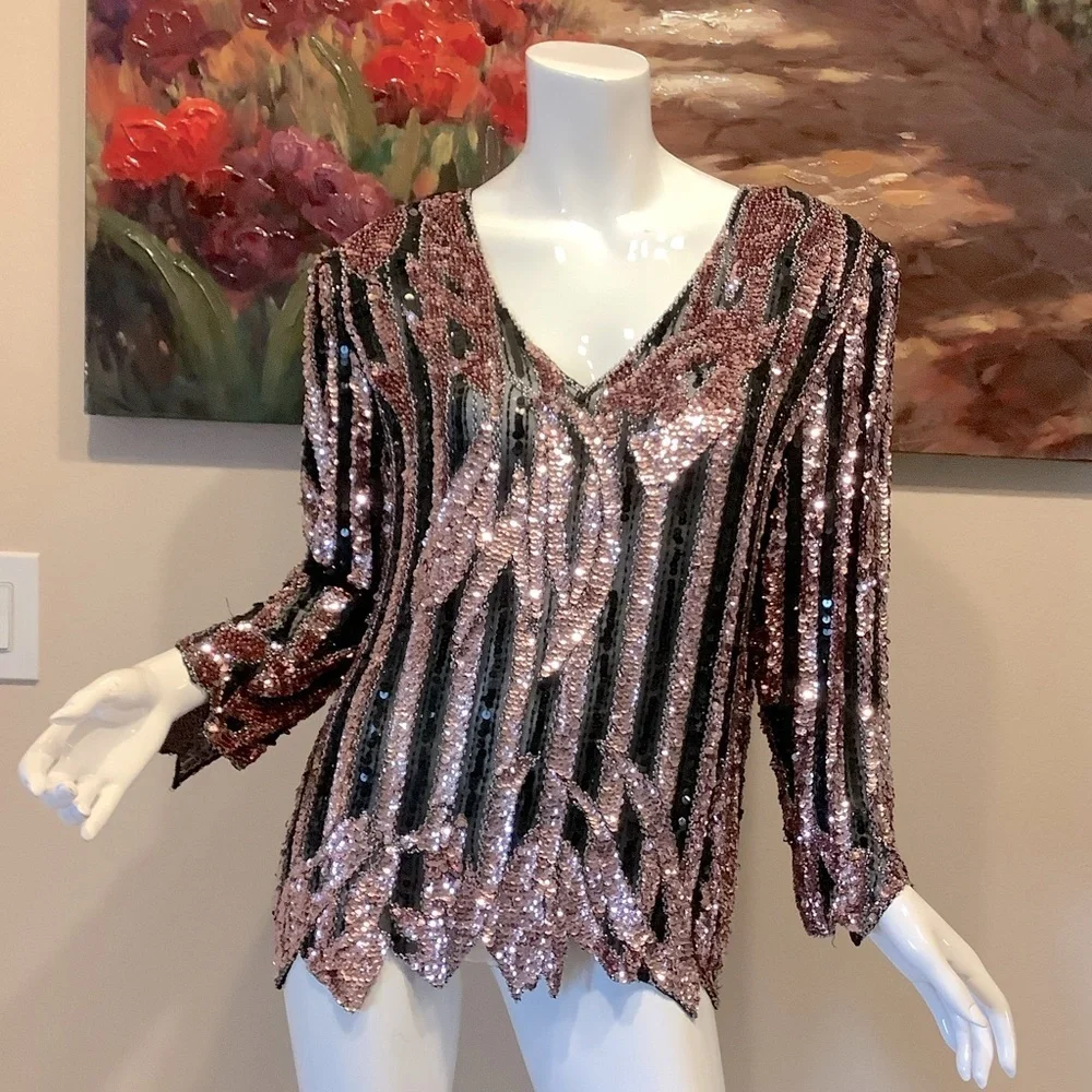 Vintage Sho Max Baby Pink Sequin Top with Rhinestones - Picture 12 of 12